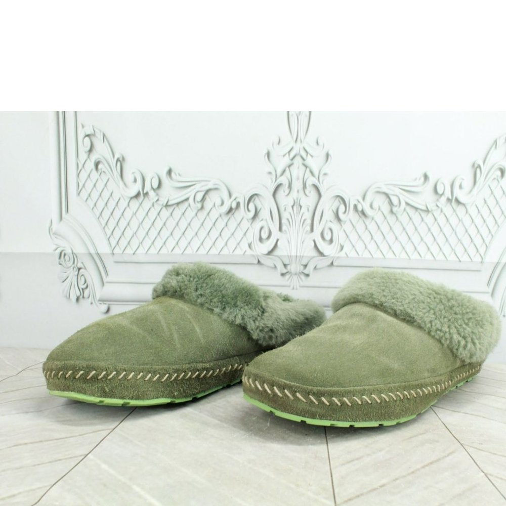 LL Bean Squam Lake Green Suede Wicked Good Shearling Lined Slippers Size 8 M - Picture 2 of 9